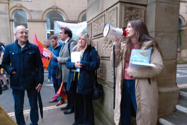 Greetland campaigner Lyndsey Ashton leads the lobbying outside Halifax Town Hall as councillors arrived to vote on Calderdale's Local Plan