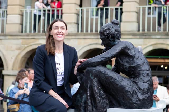 Gentleman Jack actress Suranne Jones at the unveiling of the new Anne Lister statue by sculpture Diane Lawrenson, at The Piece Hall, Halifax