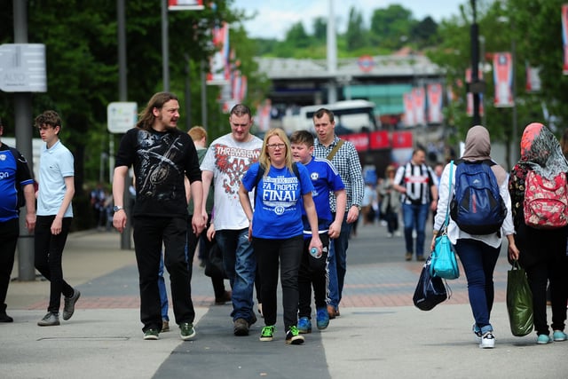 The FA Trophy Final.
FC Halifax v Grimsby Town.
Halifax fans on Wembley Way.
22nd May 2016.
Picture : Jonathan Gawthorpe
