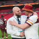Simon Grix, with Batley head coach Craig Lingard after the 1895 Cup final last Saturday, is now preparing for six more finals in the league with Halifax Panthers. (Photo by Simon Hall)