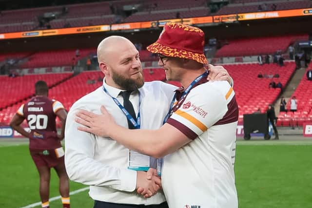 Simon Grix, with Batley head coach Craig Lingard after the 1895 Cup final last Saturday, is now preparing for six more finals in the league with Halifax Panthers. (Photo by Simon Hall)