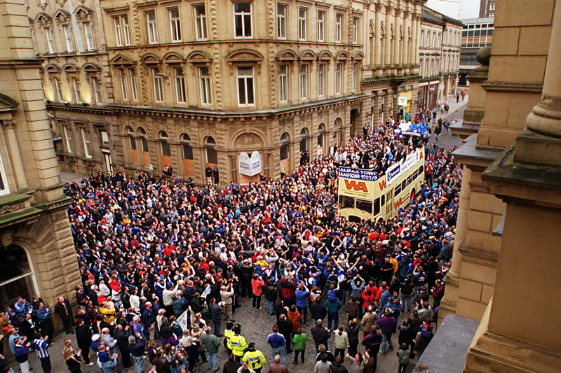 Vauxhall Conference league Champions are welcomed by fans as they arrive for a Civic Reception at Halifax Town Hall.