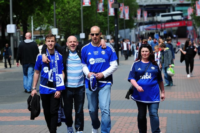 The FA Trophy Final.
FC Halifax v Grimsby Town.
Halifax fans on Wembley Way.
22nd May 2016.
Picture : Jonathan Gawthorpe
