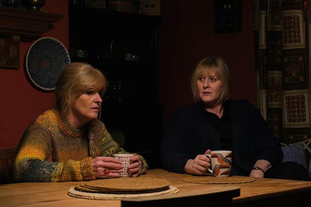 Clare Cartwright (Siobhan Finneran) and Catherine Cawood (Sarah Lancashire) in a scene from the first series of Happy Valley. Show creator Sally Wainwright said viewers enjoyed seing the two characters' domestic set-up, particularly sitting together talking. Photo: BBC/Lookout Point/Matt Squire