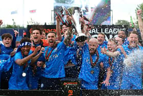 Stockport County hold aloft the Vanarama National League trophy back in May. (Photo by Alex Livesey/Getty Images)