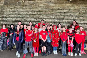 Some of the children and staff from Shade Primary  School took part in a sponsored run for Comic Relief