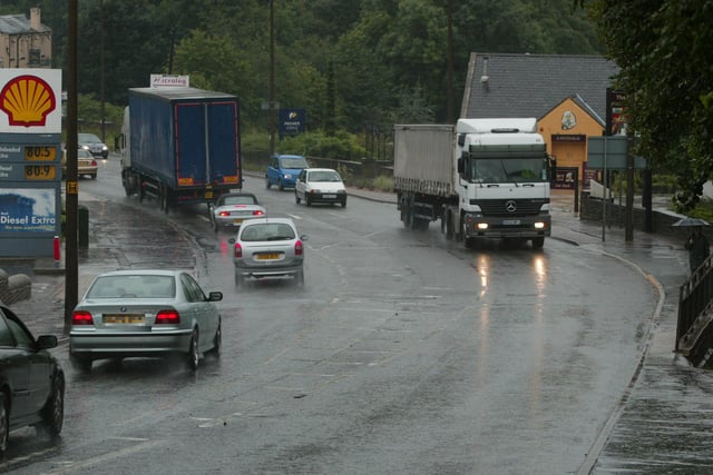 Salterhebble hill, Halifax, queue of traffic caused by flooding from heavy rain back in 2004