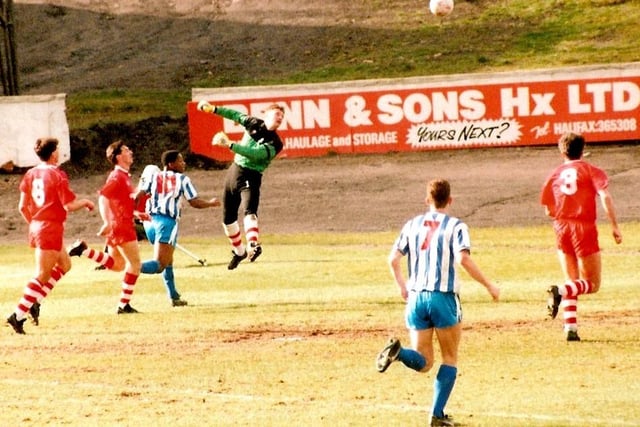 Andy Watson heads Town in front against Chesterfield, March 24, 1990