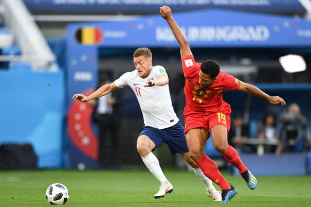 England's forward Jamie Vardy (L) vies with Belgium's midfielder Moussa Dembele during the Russia 2018 World Cup Group G football match between England and Belgium at the Kaliningrad Stadium in Kaliningrad on June 28, 2018. (Photo by OZAN KOSE / AFP) / RESTRICTED TO EDITORIAL USE - NO MOBILE PUSH ALERTS/DOWNLOADS        (Photo credit should read OZAN KOSE/AFP via Getty Images)