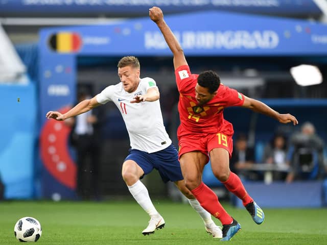 England's forward Jamie Vardy (L) vies with Belgium's midfielder Moussa Dembele during the Russia 2018 World Cup Group G football match between England and Belgium at the Kaliningrad Stadium in Kaliningrad on June 28, 2018. (Photo by OZAN KOSE / AFP) / RESTRICTED TO EDITORIAL USE - NO MOBILE PUSH ALERTS/DOWNLOADS        (Photo credit should read OZAN KOSE/AFP via Getty Images)