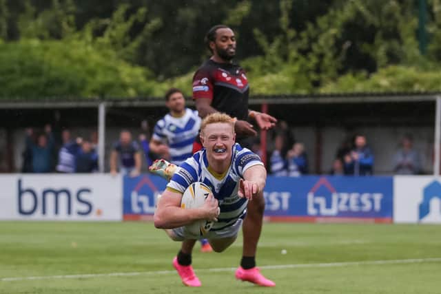 Lachlan Walmsley - named as the Championship Player of the Year - scores the try that sends Halifax to Wembley during the 1895 Cup match at London Broncos earlier this year. (Photo by Simon Hall)