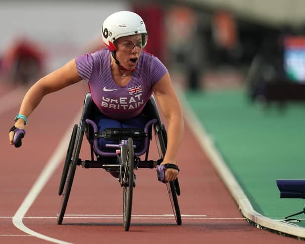 KOBE, JAPAN - MAY 24: Hannah Cockroft of Great Britain celebrates winning the gold medal after competing in the Women's 800m T34 final during day eight of the World Para Athletics Championships Kobe at Kobe Universiade Memorial Stadium on May 24, 2024 in Kobe, Hyogo, Japan.  (Photo by Toru Hanai/Getty Images)