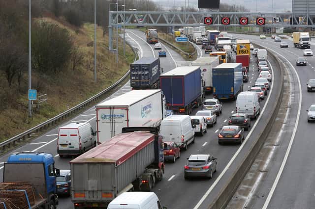 Traffic queues on the westbound M62.