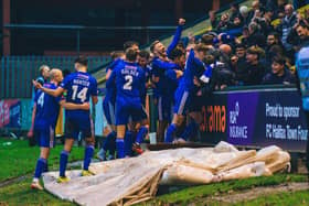 Halifax celebrate a goal at The Shay earlier this season. Photo: Marcus Branston