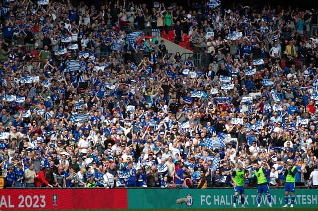 The fantastic blue army of FC Halifax Town celebrate at Wembley.