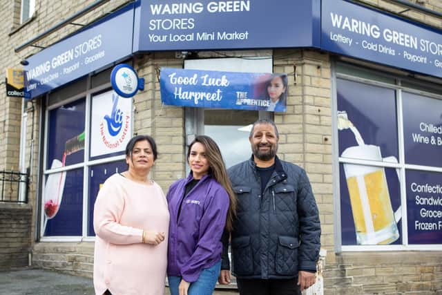 Harpreet Kaur, with her parents Jas Kaur and Pete Singh at their family-run Waring Green Stores, Brighouse