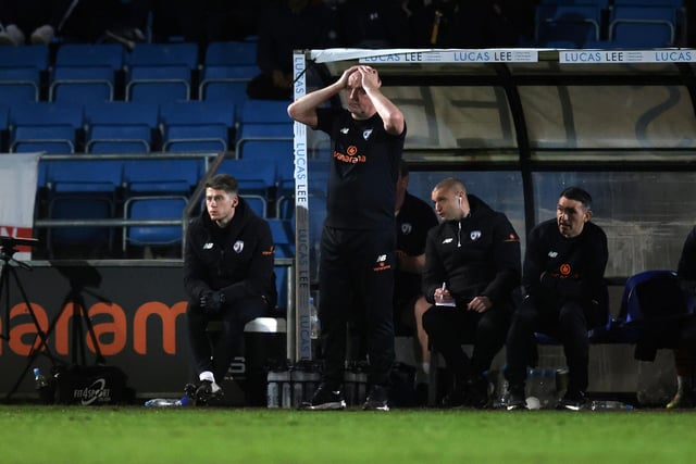 HALIFAX, ENGLAND - MARCH 20:  Paul Cook, Manager of Chesterfield, reacts during the Vanarama National League match between FC Halifax Town and Chesterfield at The Shay on March 20, 2024 in Halifax, England.  (Photo by George Wood/Getty Images)