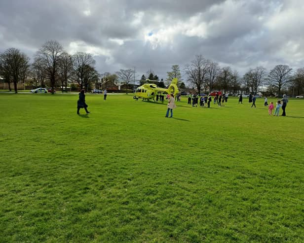 The air ambulance landed on Savile Park Moor in Halifax this afternoon