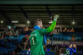 Arguably the Shaymen’s hero throughout their 2023 FA Trophy journey, including two penalty saves in the dramatic shootout victory over Altrincham in the semi-final, Sam Johnson had a relatively quiet day between the sticks in the final against Gateshead. Photo: Marcus Branston.
