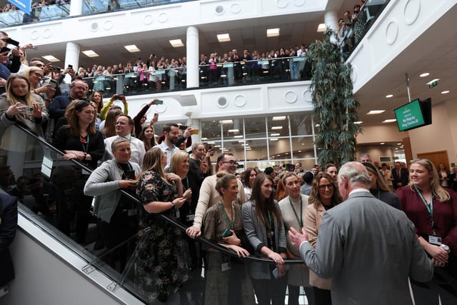 King Charles III meets staff at Morrisons Supermarkets headquarters during an official visit to Yorkshire on November 8, 2022 in Bradford, England (Photo by Russell Cheyne - WPA Pool/Getty Images)