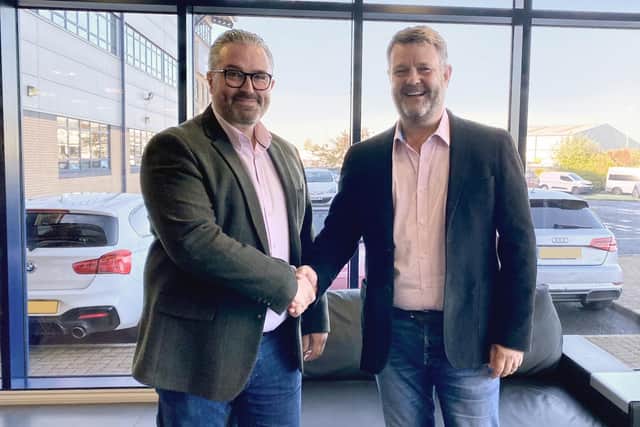 KeyFleet Managing Director Marc McLoughlin (left) and Greenarc Ltd CEO Chris Bingham (right) at the Greenarc Fuel Cards office in East Lancashire.