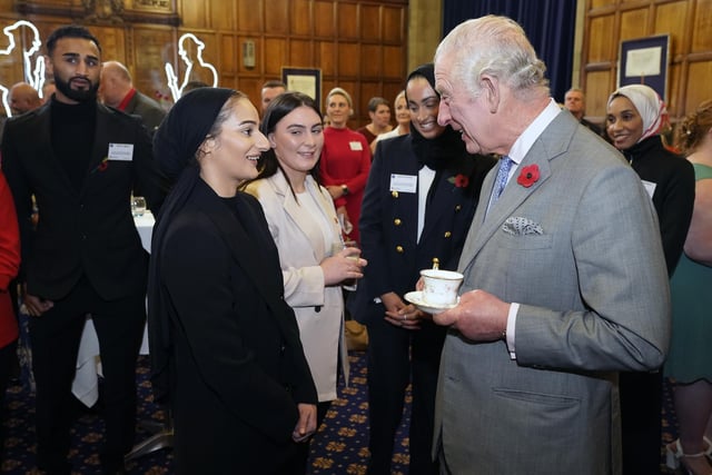 King Charles III meets boxer Safiyyah Syeed at a reception with young leaders from across Bradford, at Bradford City Hall during an official visit to Yorkshire on November 8, 2022 (Photo by Danny Lawson - WPA Pool/Getty Images)