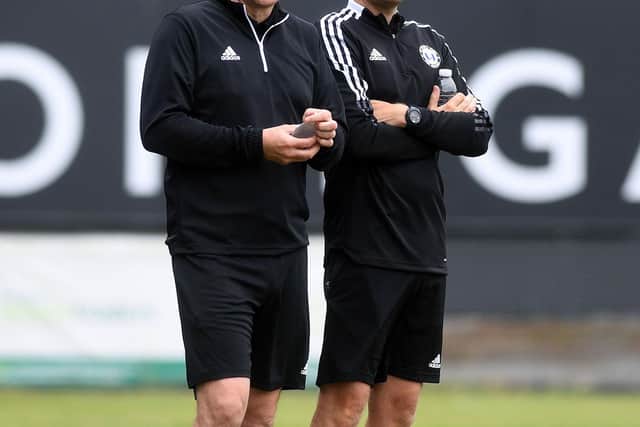FC Halifax Town's manager Chris Millington with assistant Andy Cooper. Pic: Jonathan Gawthorpe
