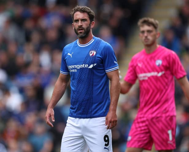 CHESTERFIELD, ENGLAND - JULY 15: Will Grigg of Chesterfield during the pre-season friendly match between Chesterfield and Sheffield United at  on July 15, 2023 in Chesterfield, England. (Photo by Alex Livesey/Getty Images)