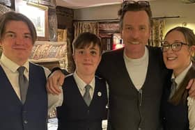 Film star Ewan McGregor with staff at Holdsworth House and Restaurant in Halifax where he stayed recently