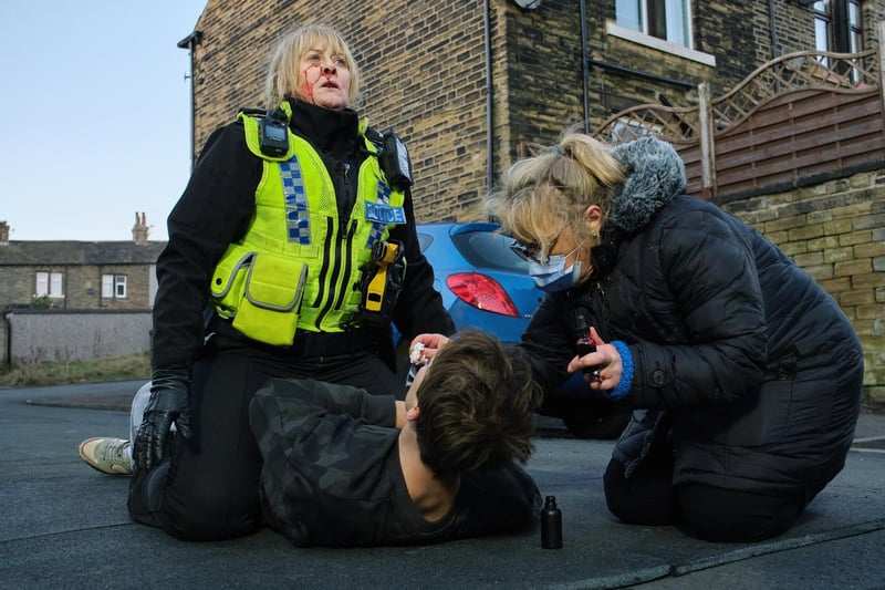 Sarah Lancashire during filming for a very intense scene during the third episode of the series.