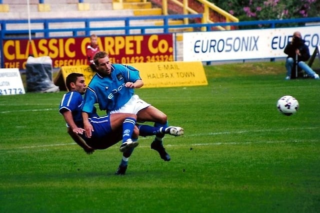 Town v Man City, July 21, 2001. Andy Woodward tackles Darren Huckerby