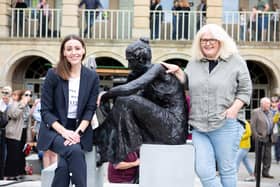 Gentleman Jack actress Suranne Jones and creator Sally Wainwright at the unveiling of the new Anne Lister statue by sculpture Diane Lawrenson, at The Piece Hall, Halifax
