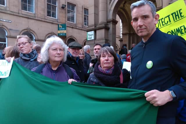 Green Party councillor Martin Hey (Northowram/Shelf) joins demonstrators opposing the Calderdale Local Plan outside Halifax Town Hall
