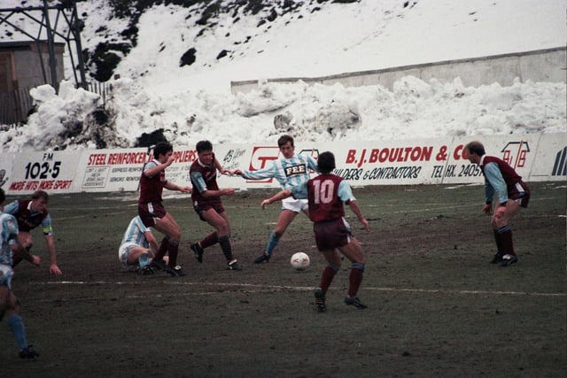 Steve Norris takes on three defenders, Town v Burnley, February 16, 1991