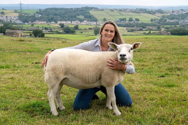 James Robertshaw partner Helena Bradley with one of her Texel ewes.
Picture Bruce Rollinson
