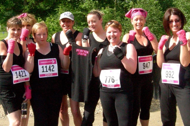 Sporty fundraisers swapped their boxing gloves for running shoes to take part in the Race For Life in 2008. 
A team of eight from Hebden Bridge, Mytholmroyd and Luddenden called themselves the Punchin’ Judy’s, a name inspired by their weekly boxercise sessions at Waterside Gym. 
Pictured (Left to right) 
front:     Val Cartwright, Pauline Laurie, Lesley Crawford.
back:     Diana Wilde, Sharron Greenwood, Emma Brooks, Kate Dakers, Caroline England
