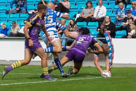 Lachlan Walmsley dives in at the corner for Halifax Panthers against Newcastle at The Shay on Sunday, July 16