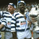 Paul Dixon, Scott Wilson, Wilf George and Mick Scott hold the Challenge Cup trophy after Halifax's 19-18 win against St Helens at Wembley in 1987