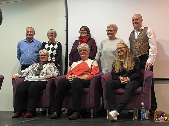 Gary James, Geoff Matthews (who funded the event) and the footballers who were the guests at the event in Hebden Bridge. Back (L to R) Gary James, Lesley Wright (Corinthians), Jane Morley (Manchester Utd), Gail Redston (Manchester City), Geoff Matthews, Front (L to R) Margaret Whitworth (Corinthians), Margaret Shepherd (Corinthians), Issy Pollard (Hebden Bridge Saints and England international)