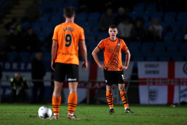 HALIFAX, ENGLAND - MARCH 20: Bailey Hobson of Chesterfield looks dejected during the Vanarama National League match between FC Halifax Town and Chesterfield at The Shay on March 20, 2024 in Halifax, England.  (Photo by George Wood/Getty Images)