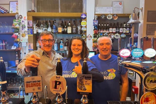 Mike Hiscock, Corrine Barker and Dave O’Sullivan at Elland Craft and Tap