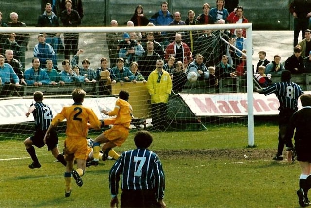 Billy Barr scores for Town against Gateshead, April 23, 1994
