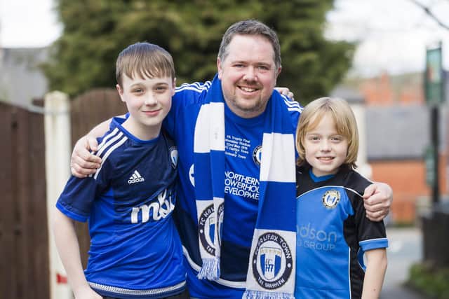 FC Halifax Town Fans looking forward to Wembley. Jason Ward with sons Ben Ward, 14, left, and Toby Ward, 11, right.