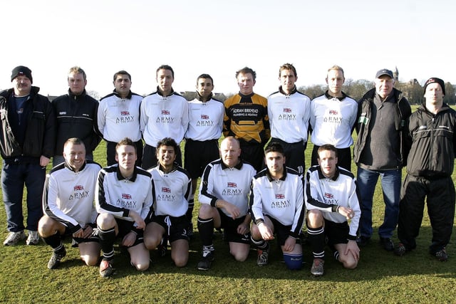 The Armed Forces Careers Information Office in Halifax presented the Elland Reserves football team with a brand new kit for the season in 2005.Back Row, (from left to right): Steve Moroney, Lee Perry, Zaher Moghul, Jez Cooke, Rab Narwaz, Chris Mrorney, Scott Nickerson, Gary Moody, Dereck Moody (Asst Manager), WO2 Nick McConnell (Captain, Manager). Front Row, Stuart Ackinson, Darren Ward, Saf Khan, Rick Fairburn, Usman Moghul, Chris Ward.