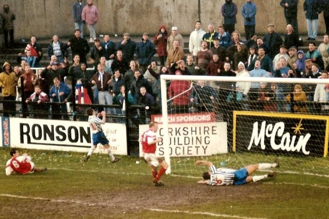 Dave Ridings is just too late, Scarborough v Town, January 23, 1993