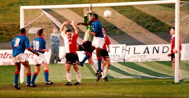 Dave Hanson heads Town's first goal against Woking, February 4, 1995