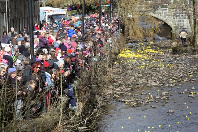 Crowds watch on as the ducks make their way down Hebden Water in 2013