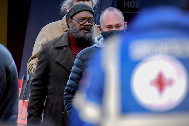 Samuel L Jackson leaves the set during filming of the Marvel Disney Plus series Secret Invasion at The Piece Hall (Photo by Gerard Binks/Getty Images)