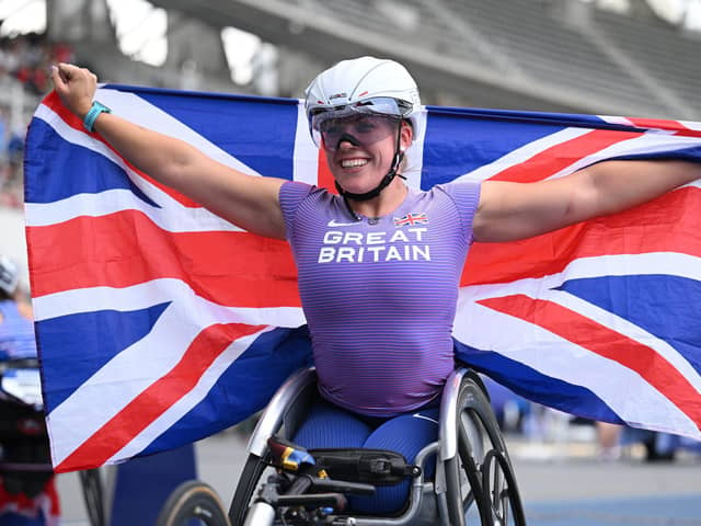 Hannah Cockroft wins the women's 100m T34 final at the Para Athletics World Championships in Paris. Pic: Matthias Hangst/Getty Images