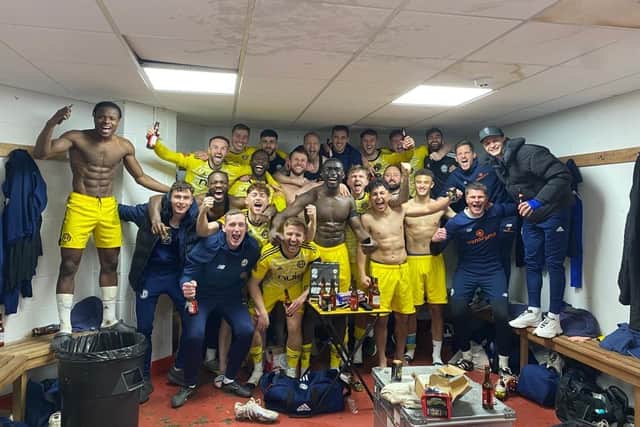 Town players celebrate their FA Trophy semi-final success against Altrincham